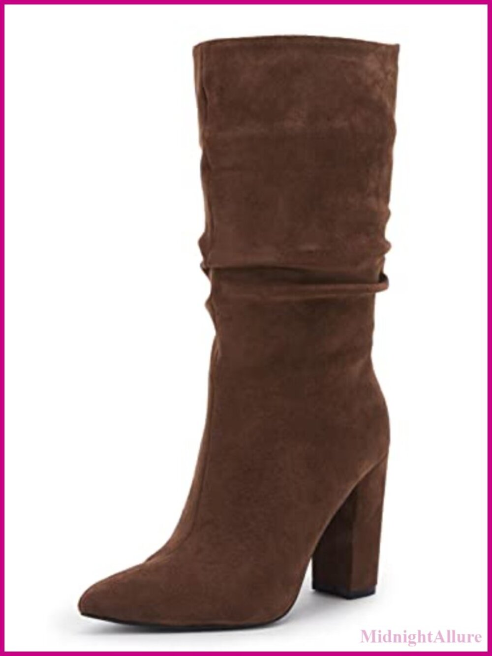 Womens Suede Slip On Mid Calf Boots Chunky Block Heel Pointed Toe